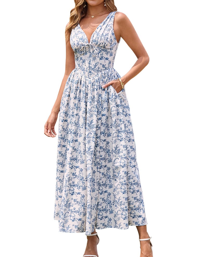 GLNEGE Floral Corset Midi Dress Milkmaid Casual V Neck Flowy A Line Sundress Wedding Guest Dresses with Pockets 2026 - Image 1