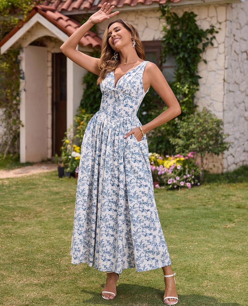 GLNEGE Floral Corset Midi Dress Milkmaid Casual V Neck Flowy A Line Sundress Wedding Guest Dresses with Pockets 2026 - Image 4