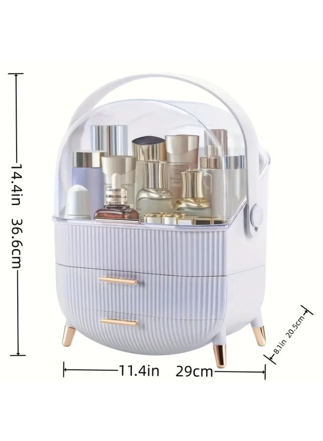 Pink Portable Plastic Makeup Organizer With Golden Lid And White Drawer Compartments - Image 3