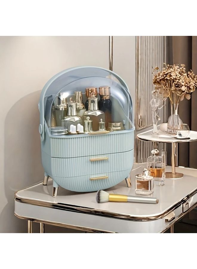 Pink Portable Plastic Makeup Organizer With Golden Lid And White Drawer Compartments - Image 1