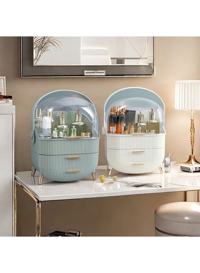 Pink Portable Plastic Makeup Organizer With Golden Lid And White Drawer Compartments - Image 4