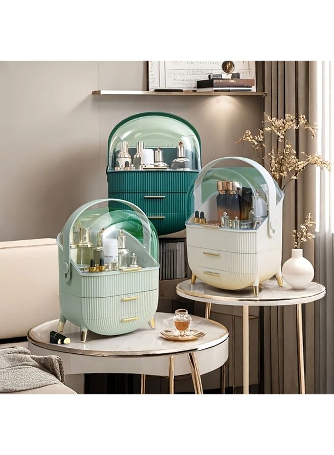 Pink Portable Plastic Makeup Organizer With Golden Lid And White Drawer Compartments - Image 2