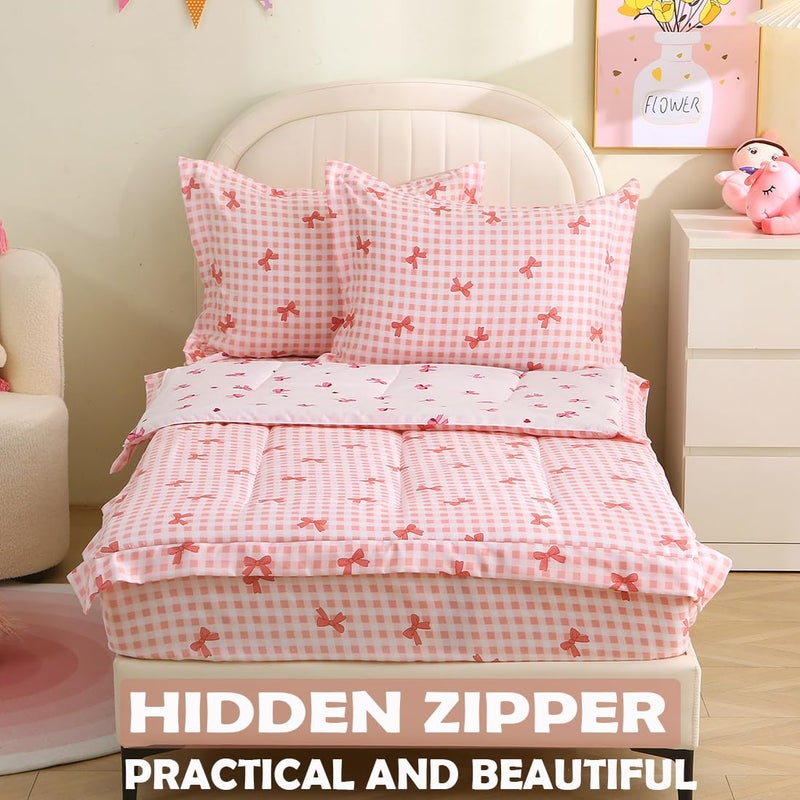 HLGBED Girls Bow Zipper Bedding Set Twin for Kids Bowknot Comforter Set Pink Lightweight Microfiber Bed Set Children Bedroom Decor - Image 2