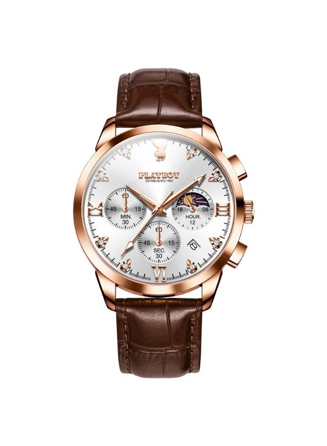 PLAYBOY Water Resistant Chronograph Watch for Men with Leather Strap, Quartz Movement, Business Style, Black - Image 1