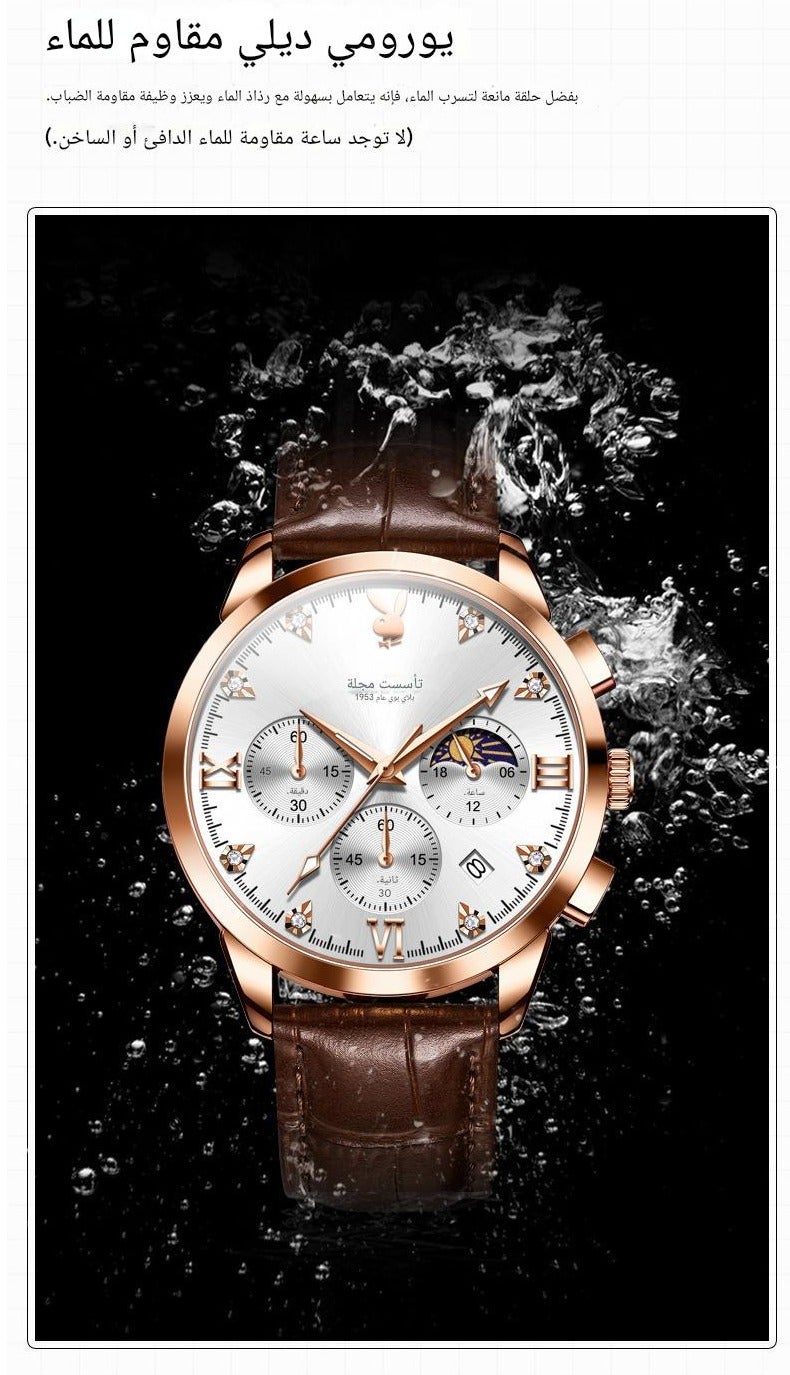PLAYBOY Water Resistant Chronograph Watch for Men with Leather Strap, Quartz Movement, Business Style, Black - Image 3