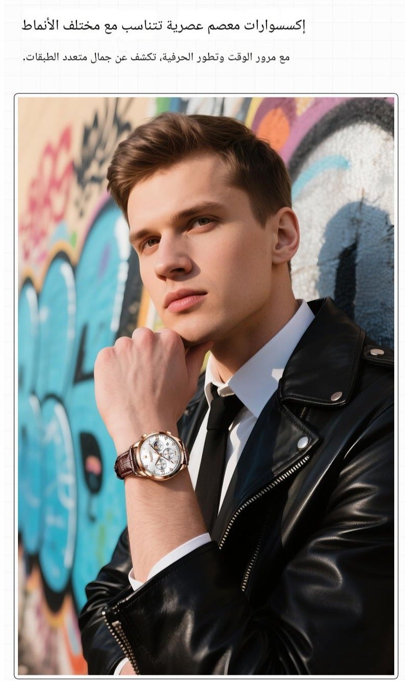 PLAYBOY Water Resistant Chronograph Watch for Men with Leather Strap, Quartz Movement, Business Style, Black - Image 4