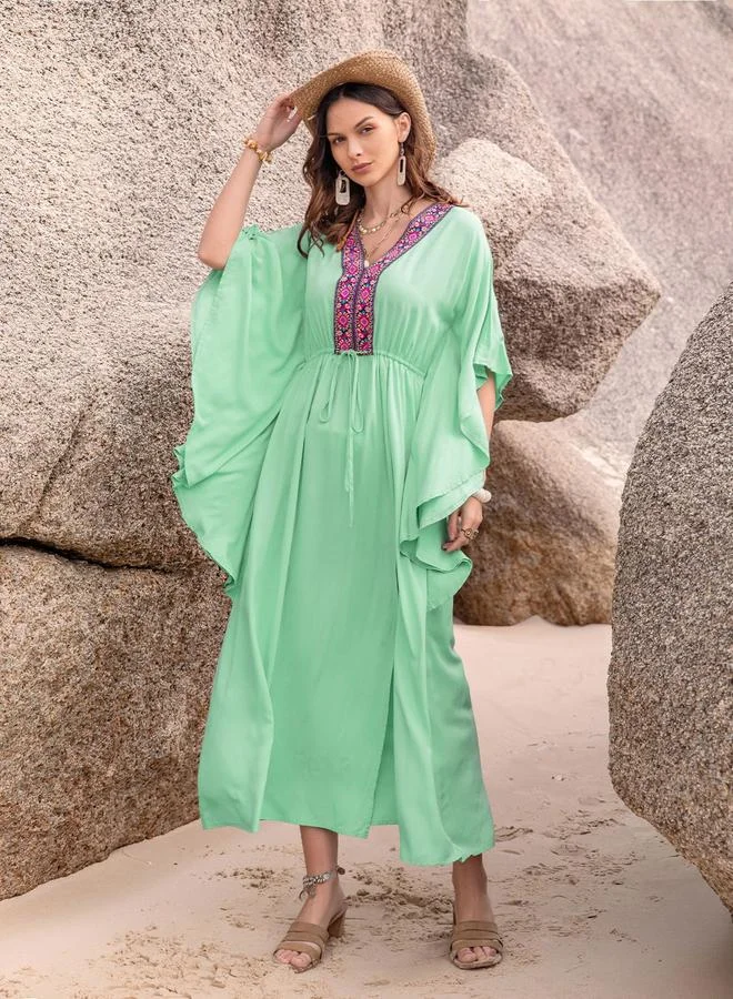 تايك تو Take Two Embroidered V-Neck Batwing Sleeve Kaftan