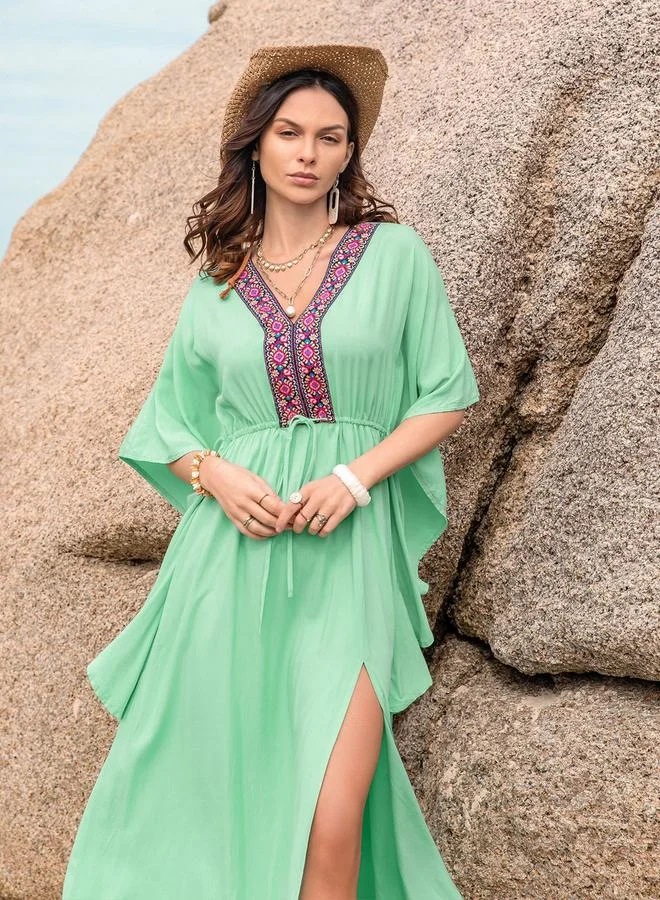 Take Two Take Two Embroidered V-Neck Batwing Sleeve Kaftan