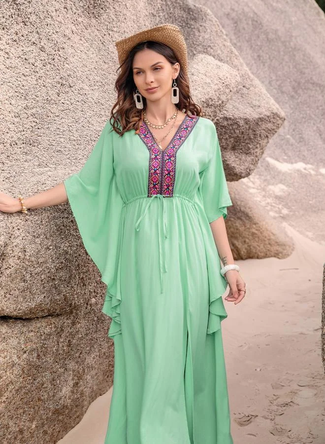 Take Two Take Two Embroidered V-Neck Batwing Sleeve Kaftan