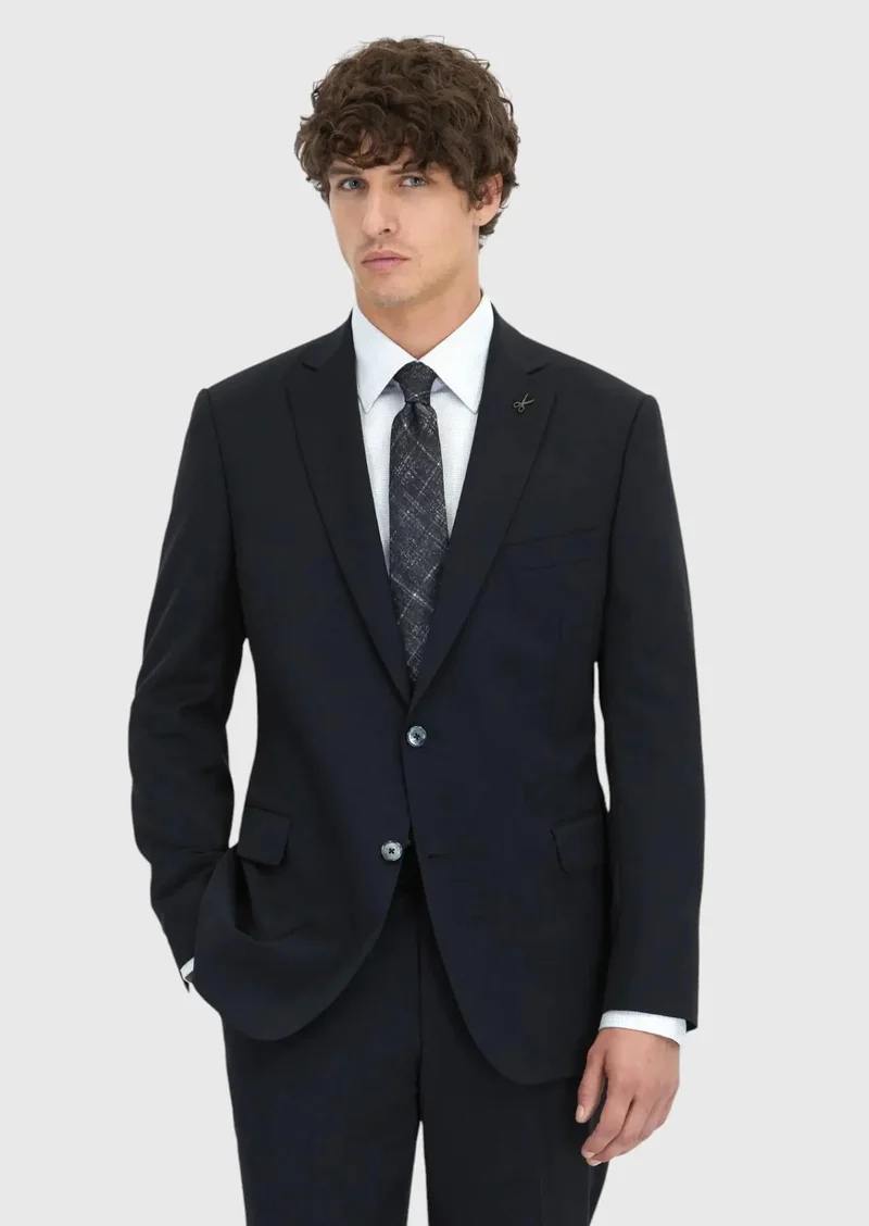 RAMSEY Black Plain Regular Fit 100% Wool Suit