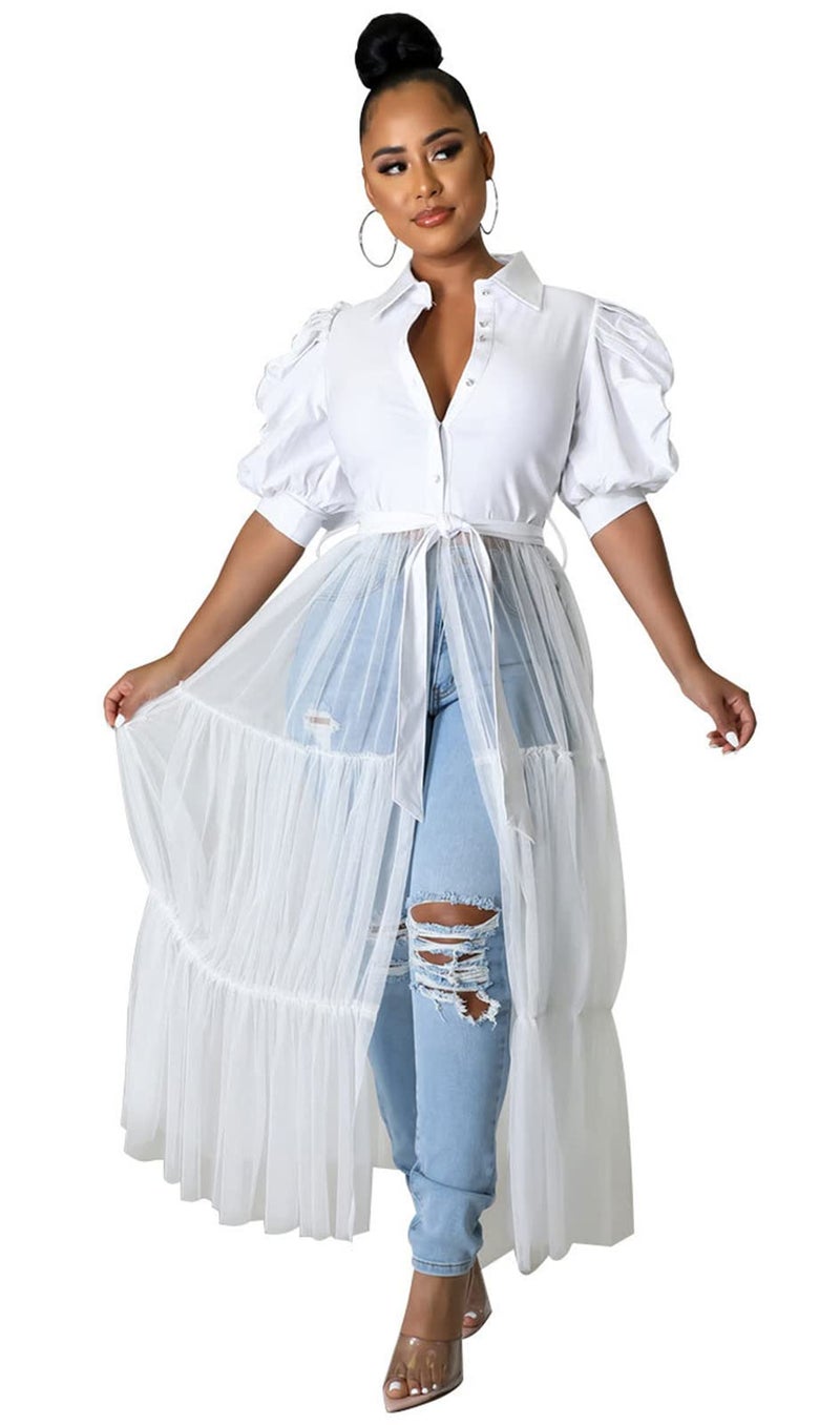 Ekaliy Women's Short Sleeve Round Neck High Low Asymmetrical Irregular Hem Casual Tops Blouse Shirt Dress L White - Image 1