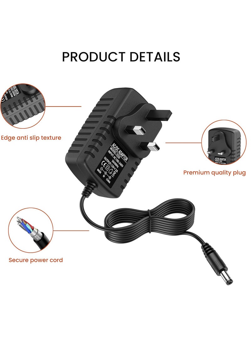 MAOGEDA 12V 2A DC Power Supply UK Plug AC Adapter with 8 Interchangeable DC Plug Tips, 100-240V AC to DC 12V Converter Transformer for CCTV Camera, LED Strip Lights, USB 3.0 Hub, Baby Monitor, Router, and More - 1m - Image 2