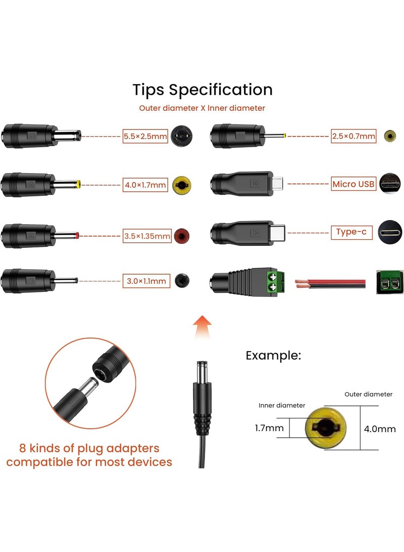 MAOGEDA 12V 2A DC Power Supply UK Plug AC Adapter with 8 Interchangeable DC Plug Tips, 100-240V AC to DC 12V Converter Transformer for CCTV Camera, LED Strip Lights, USB 3.0 Hub, Baby Monitor, Router, and More - 1m - Image 4