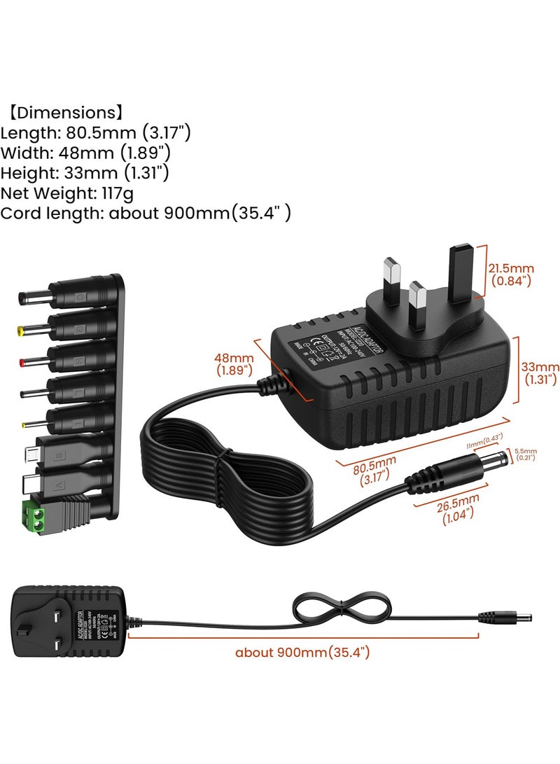 MAOGEDA 12V 2A DC Power Supply UK Plug AC Adapter with 8 Interchangeable DC Plug Tips, 100-240V AC to DC 12V Converter Transformer for CCTV Camera, LED Strip Lights, USB 3.0 Hub, Baby Monitor, Router, and More - 1m - Image 5
