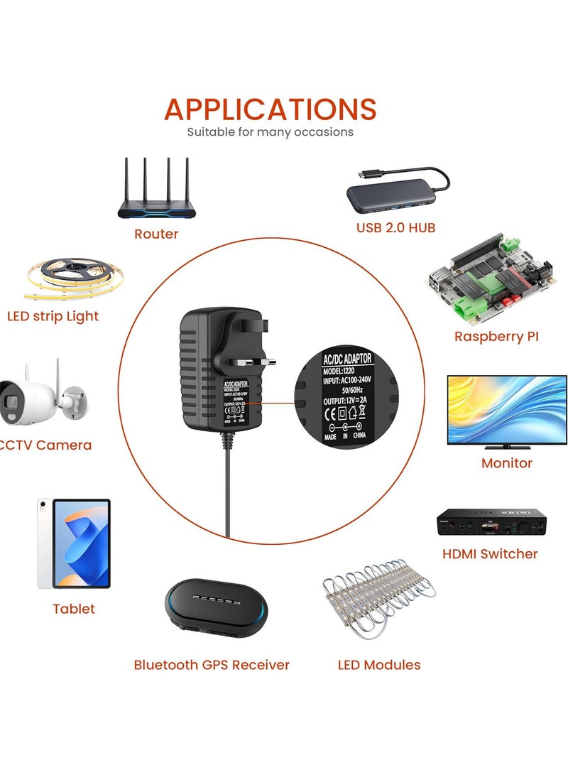 MAOGEDA 12V 2A DC Power Supply UK Plug AC Adapter with 8 Interchangeable DC Plug Tips, 100-240V AC to DC 12V Converter Transformer for CCTV Camera, LED Strip Lights, USB 3.0 Hub, Baby Monitor, Router, and More - 1m - Image 3