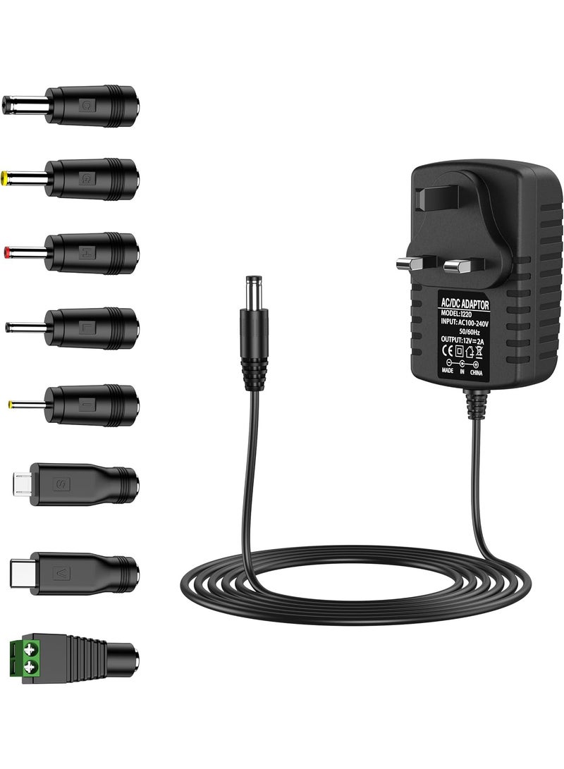 MAOGEDA 12V 2A DC Power Supply UK Plug AC Adapter with 8 Interchangeable DC Plug Tips, 100-240V AC to DC 12V Converter Transformer for CCTV Camera, LED Strip Lights, USB 3.0 Hub, Baby Monitor, Router, and More - 1m - Image 1