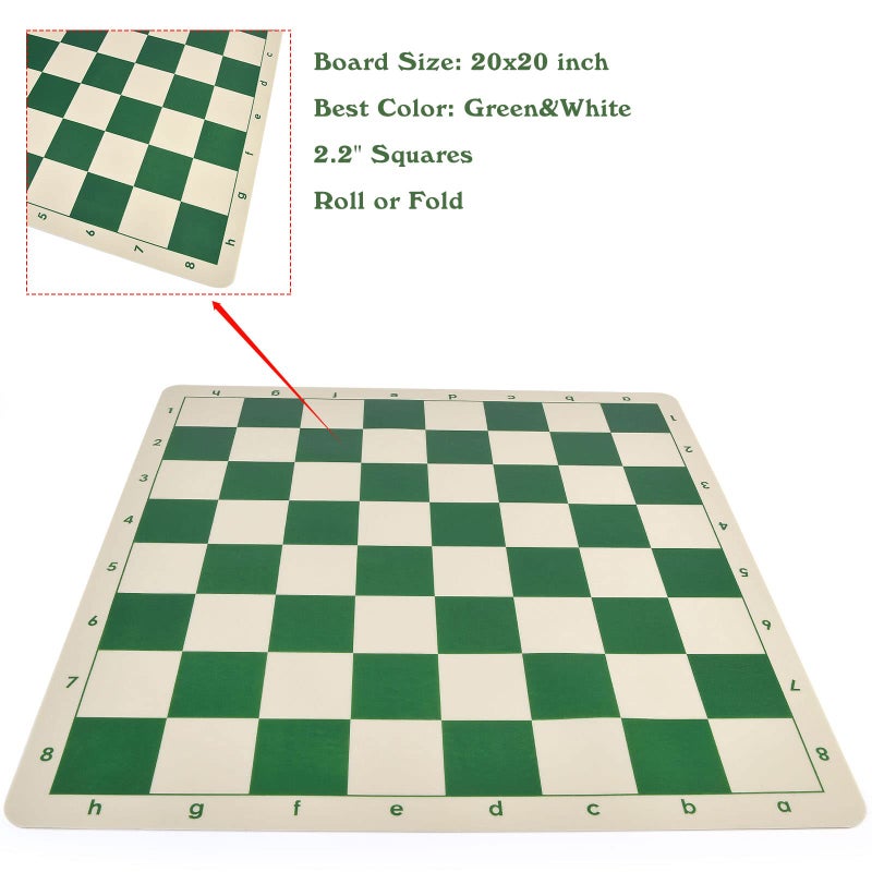 OUMODA 4" King Tournament Chess Set Foldable 20" Silicone Chess Board Mat with 2.2" Squares Green Color, Weighted Chess Pieces- 2 Extra Queens, Carrying Case for Storage and Travel - Image 3