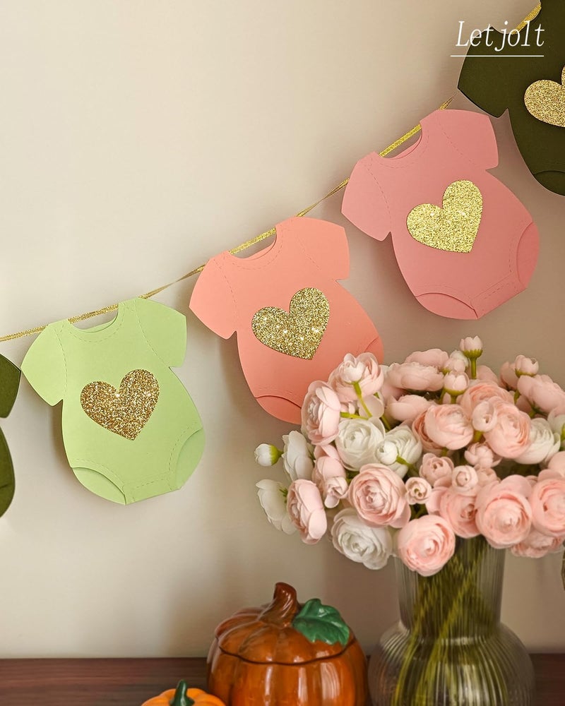 Letjolt Green Pink Baby Shower Paper Garland Short-Sleeve Bodysuits Clothesline Garland Gender Reveal Birthday Banner Baby Outfit Pre - Strung Paper Decorations 9 pcs - Image 5