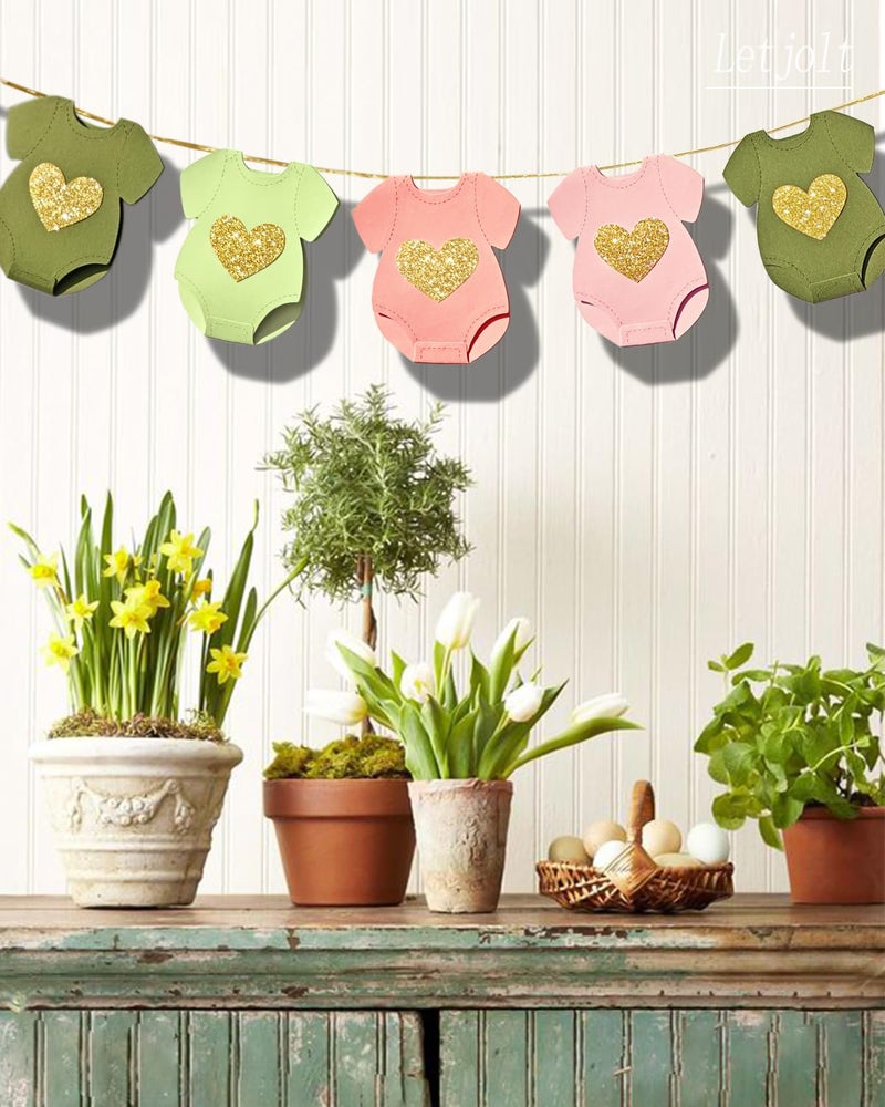 Letjolt Green Pink Baby Shower Paper Garland Short-Sleeve Bodysuits Clothesline Garland Gender Reveal Birthday Banner Baby Outfit Pre - Strung Paper Decorations 9 pcs - Image 4