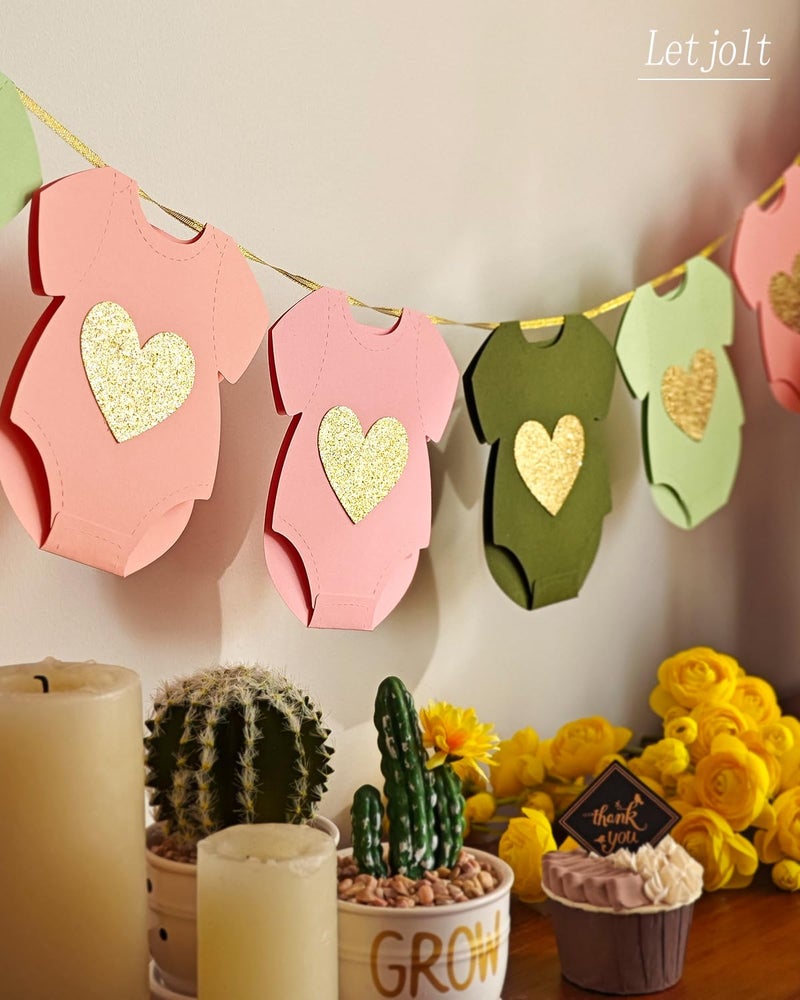 Letjolt Green Pink Baby Shower Paper Garland Short-Sleeve Bodysuits Clothesline Garland Gender Reveal Birthday Banner Baby Outfit Pre - Strung Paper Decorations 9 pcs - Image 3