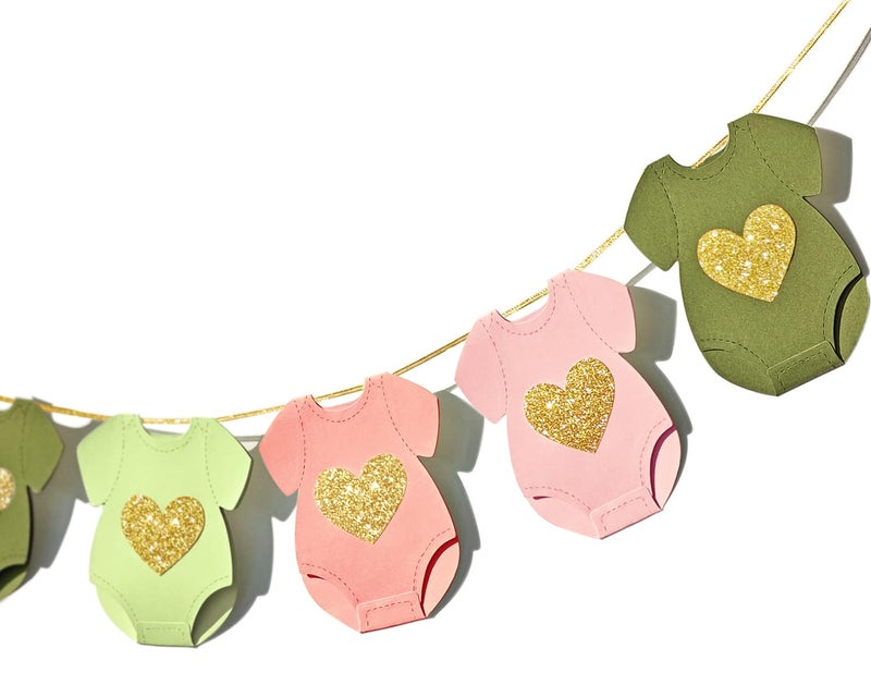 Letjolt Green Pink Baby Shower Paper Garland Short-Sleeve Bodysuits Clothesline Garland Gender Reveal Birthday Banner Baby Outfit Pre - Strung Paper Decorations 9 pcs - Image 1