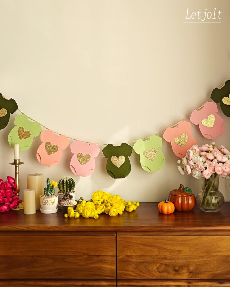 Letjolt Green Pink Baby Shower Paper Garland Short-Sleeve Bodysuits Clothesline Garland Gender Reveal Birthday Banner Baby Outfit Pre - Strung Paper Decorations 9 pcs - Image 2