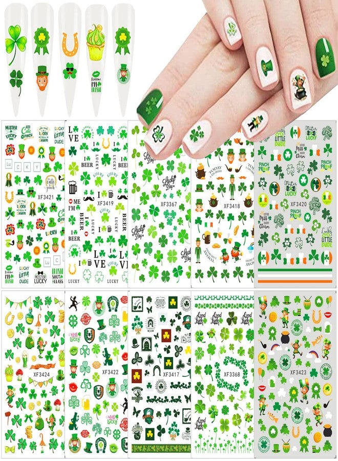 FUMIHIT 10 Sheets St. Patrick's Day Nail Art Stickers Decals 3D Shamrock Nail Stickers Green Clover Irish Nail Decals St. Patrick's Day Nail Decorations for Women, Kids, Girls - Image 1