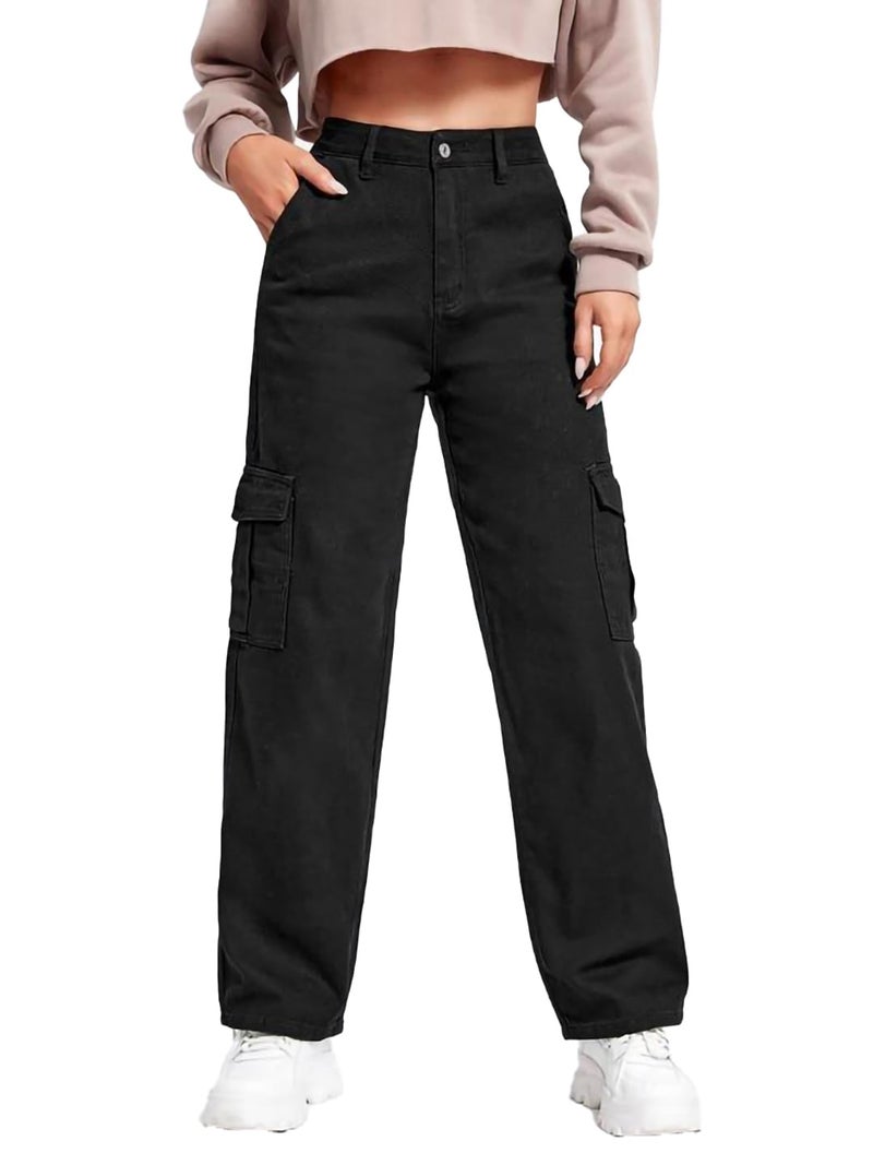 KOTTY Women's Solid Mid Rise Relaxed Fit Cargo Jeans Jet Black - Image 1