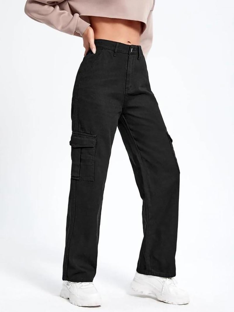 KOTTY Women's Solid Mid Rise Relaxed Fit Cargo Jeans Jet Black - Image 2