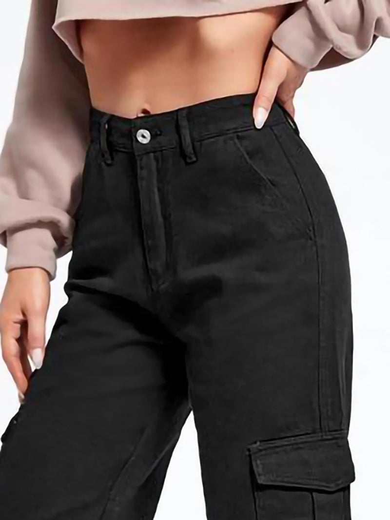 KOTTY Women's Solid Mid Rise Relaxed Fit Cargo Jeans Jet Black - Image 5