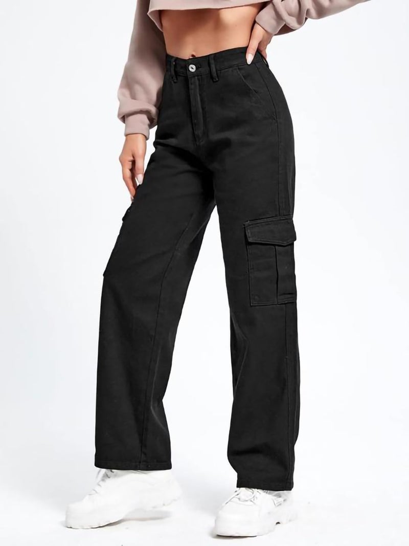KOTTY Women's Solid Mid Rise Relaxed Fit Cargo Jeans Jet Black - Image 3