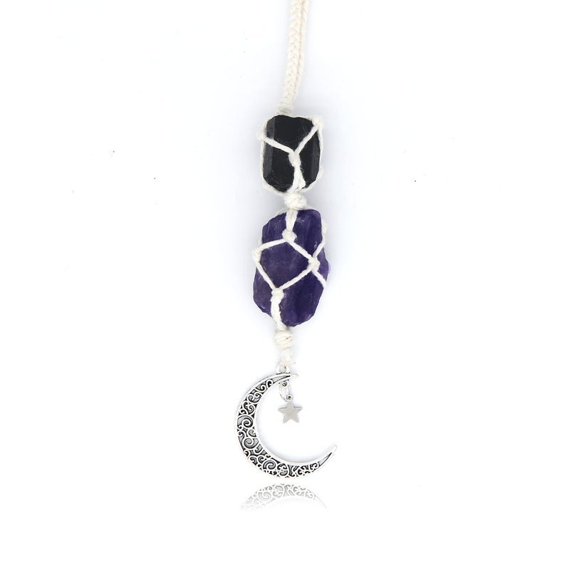 BOHO GARDEN Hanging Car Charm Black Tourmaline Amethyst Dangling Moon Healing Crystal Accessories Rearview Mirror Decorations Grounding Confidence Protection Balance Energy Spirituality