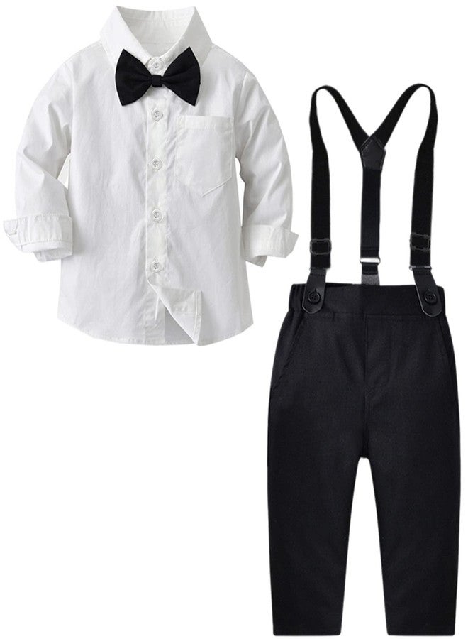 SANGTREE Baby Boy's Formal Outfit, Button Down Stripes Dress Shirt with Bow Tie + Suspender Pants Set for Toddlers Baby & Little Boys,White Black,Tag90 = 18-24 Months - Image 1
