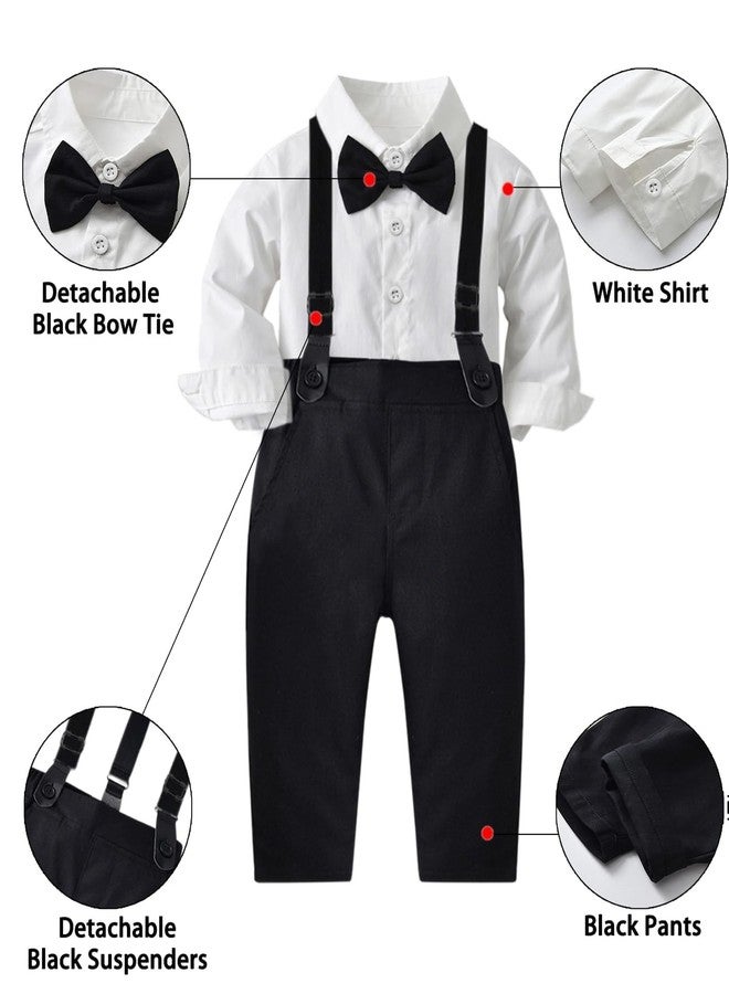 SANGTREE Baby Boy's Formal Outfit, Button Down Stripes Dress Shirt with Bow Tie + Suspender Pants Set for Toddlers Baby & Little Boys,White Black,Tag90 = 18-24 Months - Image 2
