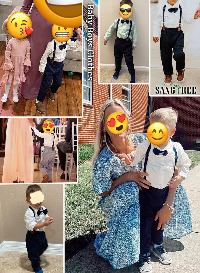 SANGTREE Baby Boy's Formal Outfit, Button Down Stripes Dress Shirt with Bow Tie + Suspender Pants Set for Toddlers Baby & Little Boys,White Black,Tag90 = 18-24 Months - Image 3