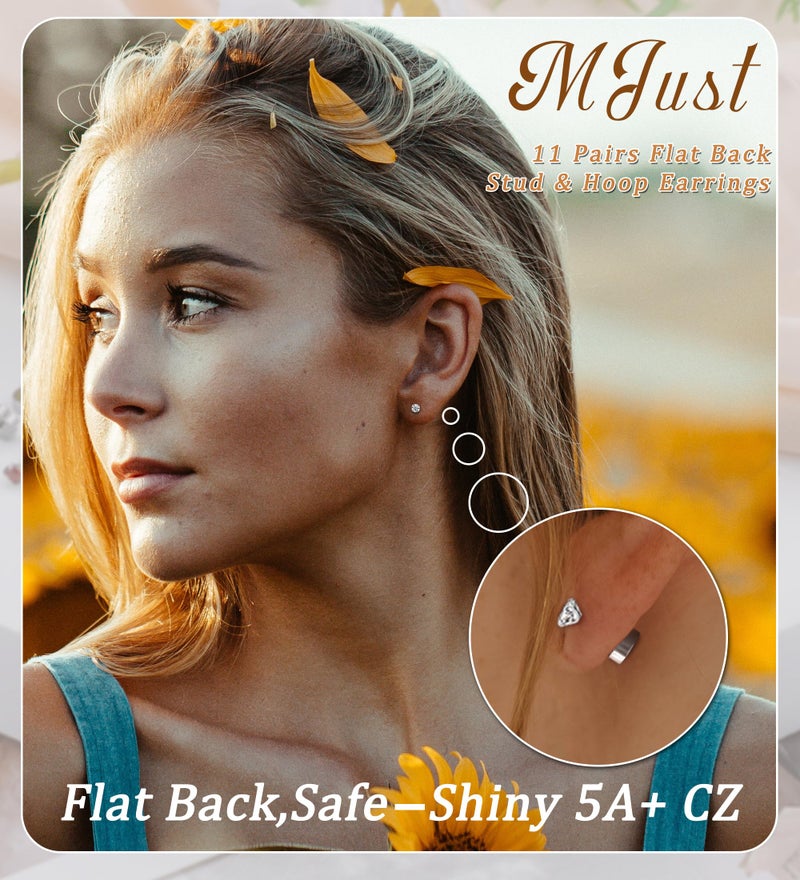 MJust Hypoallergenic Stainless Steel Stud Earrings for Women & Men - 11 Pairs Flat Back Stud & Hoop Earrings for Sensitive Ears - Surgical Steel earring set for Multiple Piercings(Silvery) - Image 3
