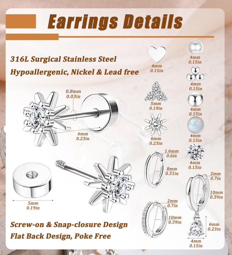 MJust Hypoallergenic Stainless Steel Stud Earrings for Women & Men - 11 Pairs Flat Back Stud & Hoop Earrings for Sensitive Ears - Surgical Steel earring set for Multiple Piercings(Silvery) - Image 2
