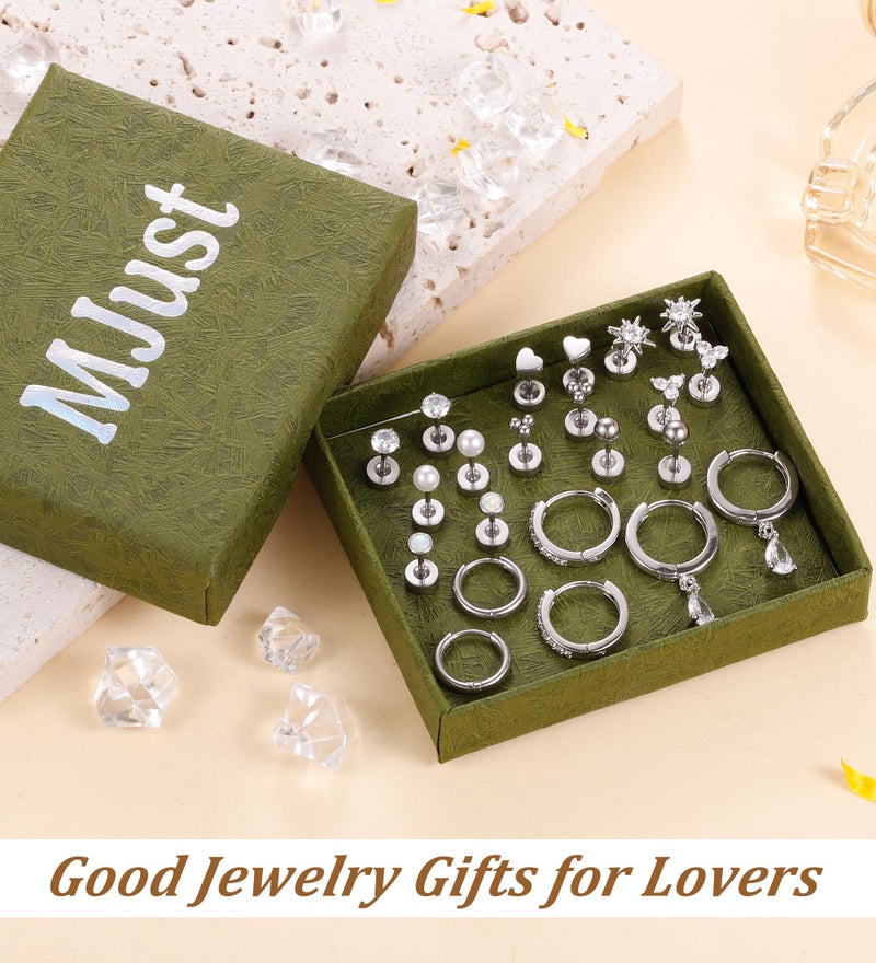 MJust Hypoallergenic Stainless Steel Stud Earrings for Women & Men - 11 Pairs Flat Back Stud & Hoop Earrings for Sensitive Ears - Surgical Steel earring set for Multiple Piercings(Silvery) - Image 4