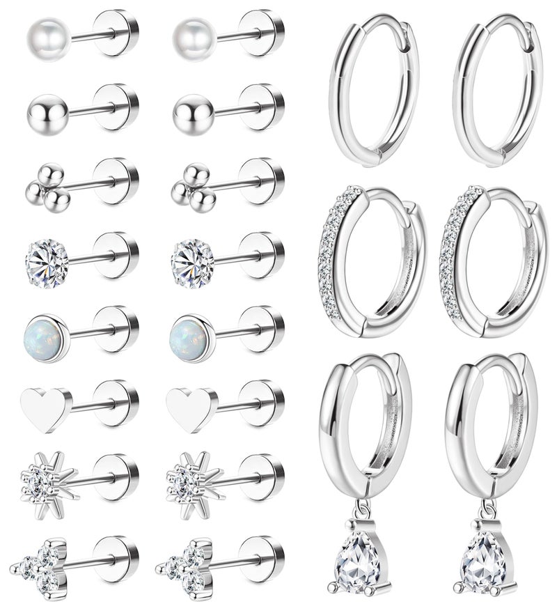 MJust Hypoallergenic Stainless Steel Stud Earrings for Women & Men - 11 Pairs Flat Back Stud & Hoop Earrings for Sensitive Ears - Surgical Steel earring set for Multiple Piercings(Silvery) - Image 1