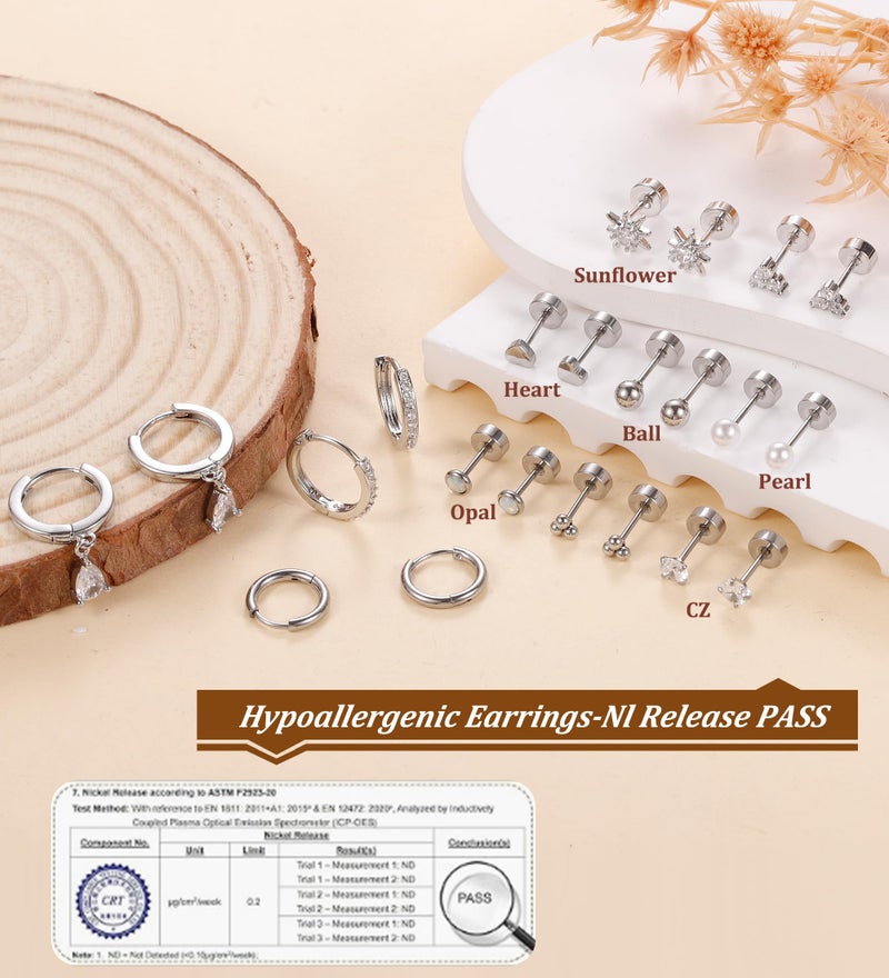 MJust Hypoallergenic Stainless Steel Stud Earrings for Women & Men - 11 Pairs Flat Back Stud & Hoop Earrings for Sensitive Ears - Surgical Steel earring set for Multiple Piercings(Silvery) - Image 5