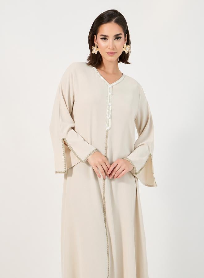 Styli Cream Crepe Jalabiya with Lace Insert - Image 2
