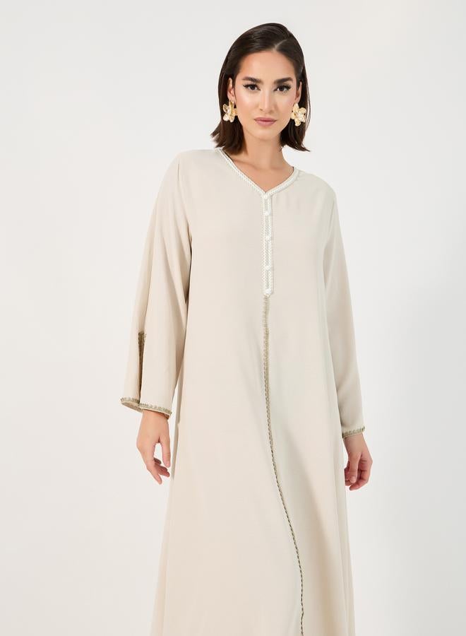 Styli Cream Crepe Jalabiya with Lace Insert - Image 5