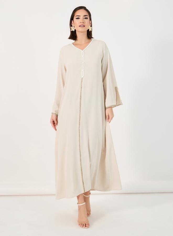 Styli Cream Crepe Jalabiya with Lace Insert - Image 4