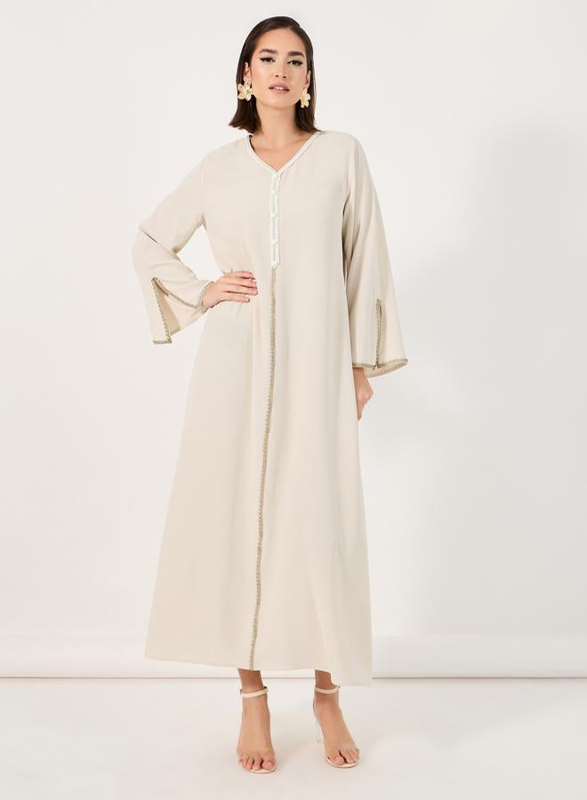 Styli Cream Crepe Jalabiya with Lace Insert - Image 1