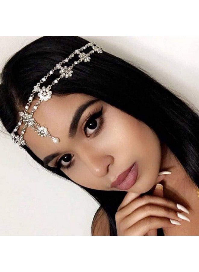 أسورنا عصابات رأس الزفاف سلسلة مجوهرات رأس زهرية قطع شعر سلاسل رأس من الكريستال واللؤلؤ لمهرجان الهالووين إكسسوارات شعر الزفاف للنساء والفتيات (فضية) - Image 2