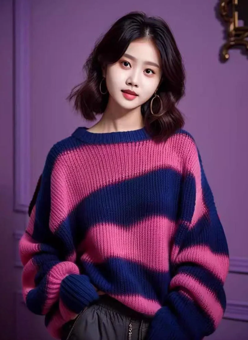 YUNIQEE Fuchsia  Striped Round Neck Pullover Sweater