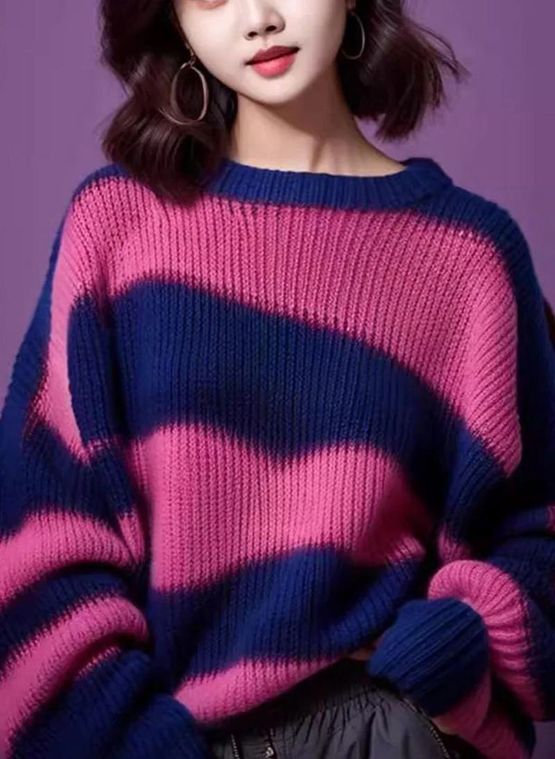 YUNIQEE Fuchsia  Striped Round Neck Pullover Sweater