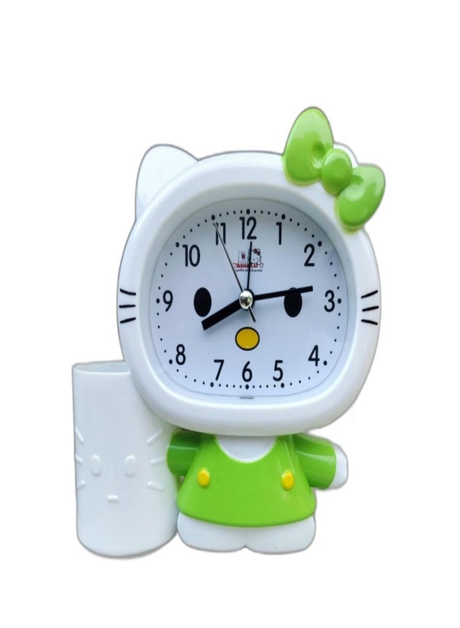 ARTLABEL Kitty Cat Shape Table Alarm Clock with Pen Stand for Kids Study Room Students Table Clocks for Home & Office (Green) - Image 1