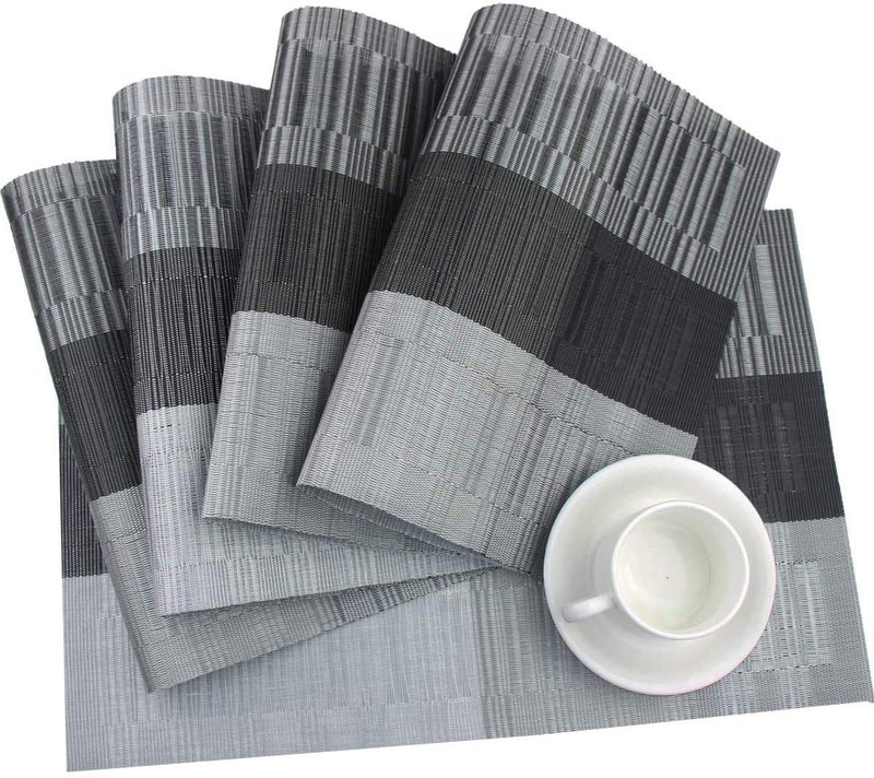 pepplo® Placemats Set of 6 Dining Table Mats Woven Vinyl PVC Placemats Non-Slip Heat-Resistant Washable Place Mats, Black Grey (PLC01C6) - Image 2