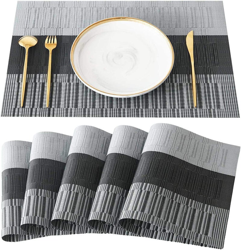pepplo® Placemats Set of 6 Dining Table Mats Woven Vinyl PVC Placemats Non-Slip Heat-Resistant Washable Place Mats, Black Grey (PLC01C6) - Image 1